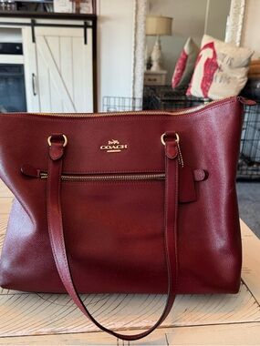 Used Coach Burgundy Leather Tote Bag with Gold Hardware